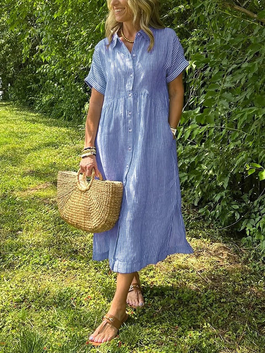 Button-Up Midi Shirt Dress Women Short Sleeve