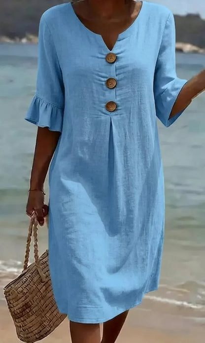 Women’s Button-Front Casual Midi Dress with Ruffle Sleeves