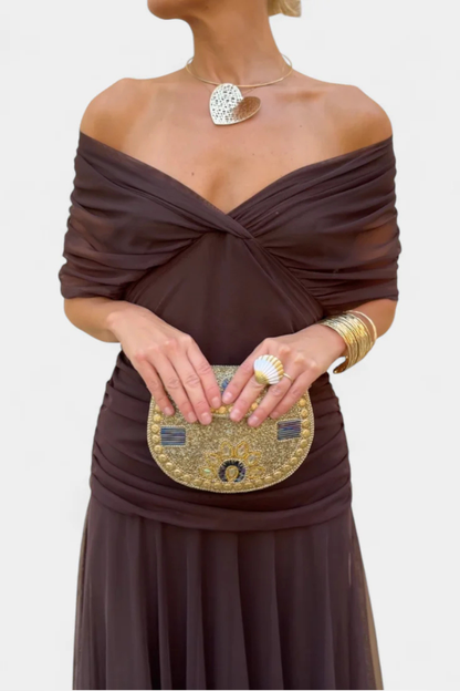 Women’s Draped Bardot Maxi Dress with Ruched Waist