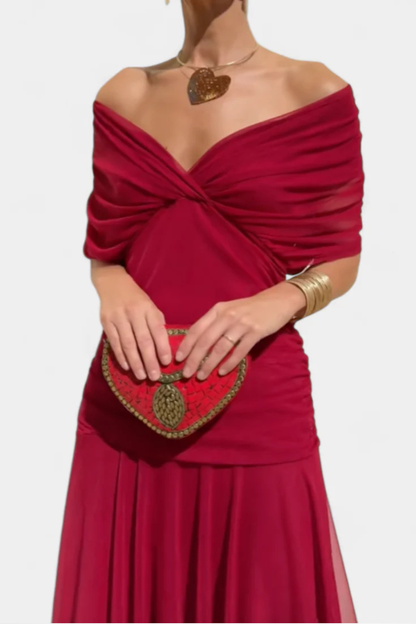 Women’s Draped Bardot Maxi Dress with Ruched Waist