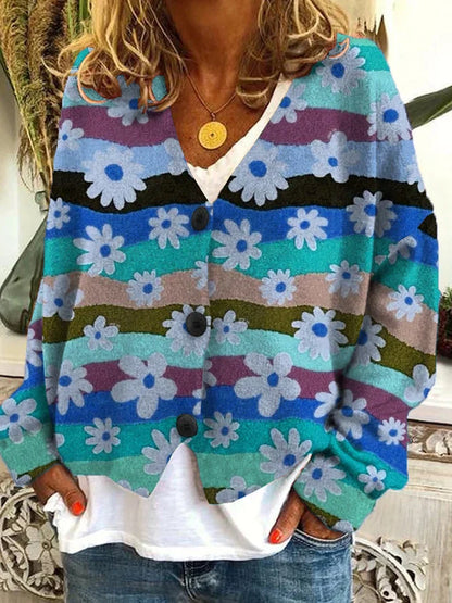 Floral Stripe Button-Up Cardigan with Relaxed Fit