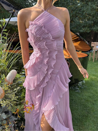 Women’s One-Shoulder Ruffle Maxi Dress with Pleated Details