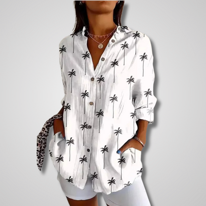Women’s Artistic Print Button-Up Blouse with Bohemian Style