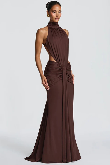 Women’s Backless Halter Mermaid Evening Dress with Ruched Waist Detail
