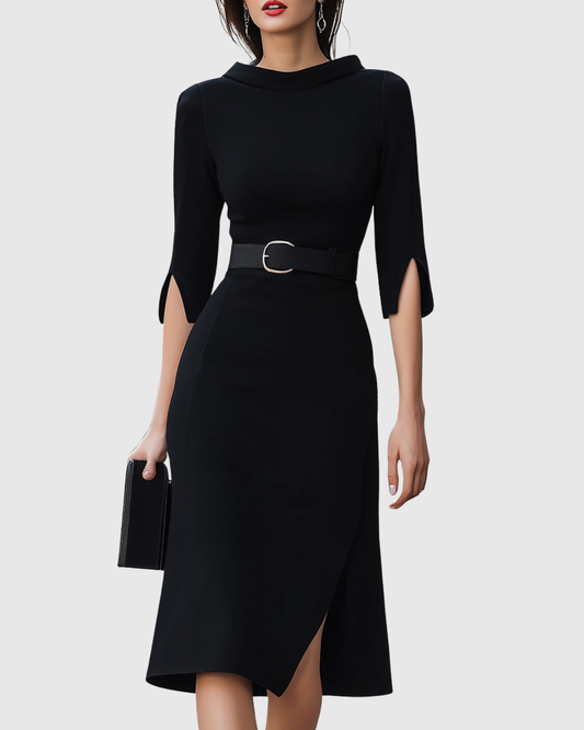 Black Midi Dress with Belt Short Sleeve for Women
