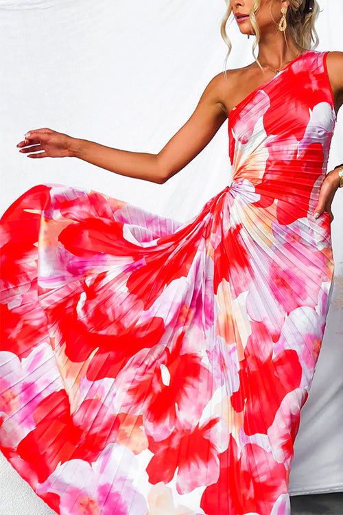 Women’s One-Shoulder Floral Pleated Maxi Dress with Elegant Draping