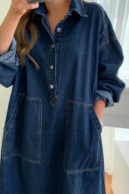Women’s Oversized Denim Maxi Shirt Dress with Pockets