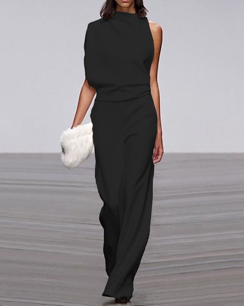 One-Shoulder High Neck Wide-Leg Evening Jumpsuit