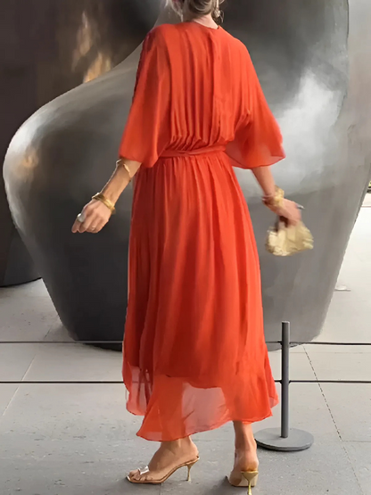 Flowy V-Neck Belted Maxi Dress for Women