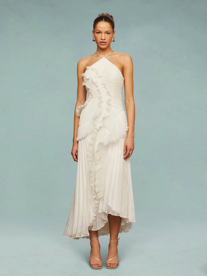 Women’s One-Shoulder Ruffle Maxi Dress with Pleated Details
