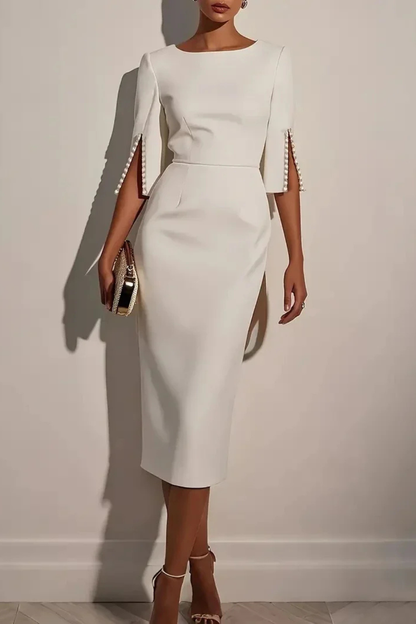 Women’s Elegant Pearl Sleeve Midi Dress for Office Formal Occasions