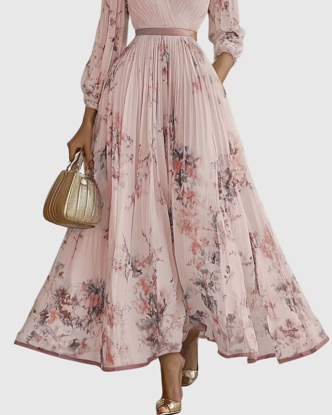 Pleated Maxi Dress with Long Sleeves for Women