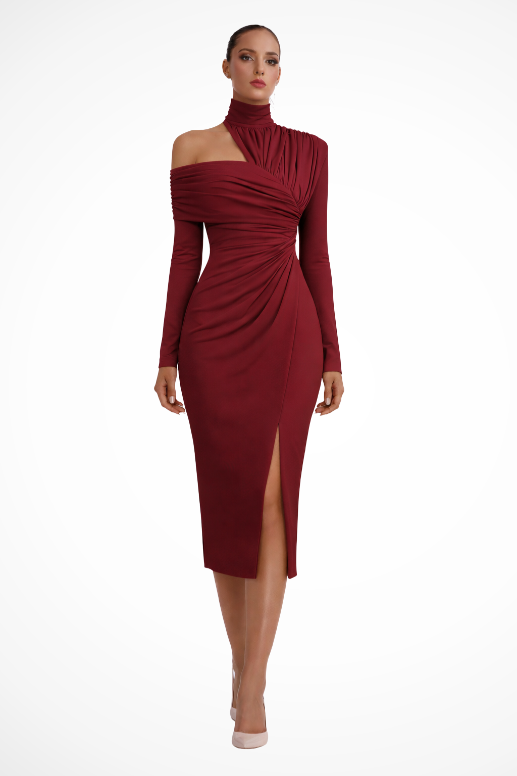 Women’s One-Shoulder Ruched Midi Dress with Side Slit