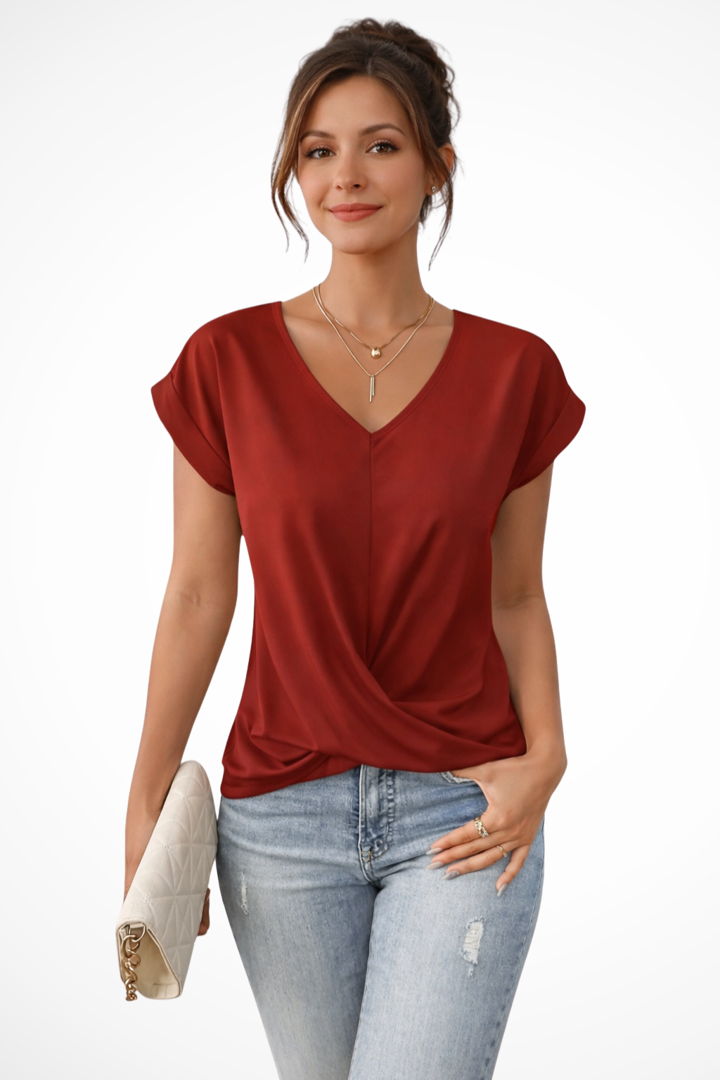 Women’s Casual V-Neck Twist Hem Draped Blouse