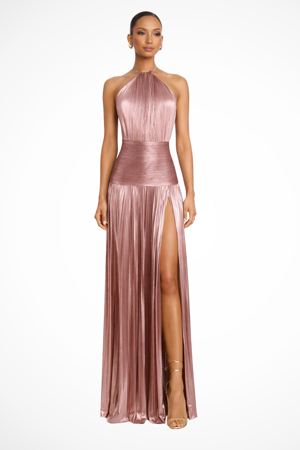 Elegant Halter Neck Satin Wedding Guest Maxi Dress