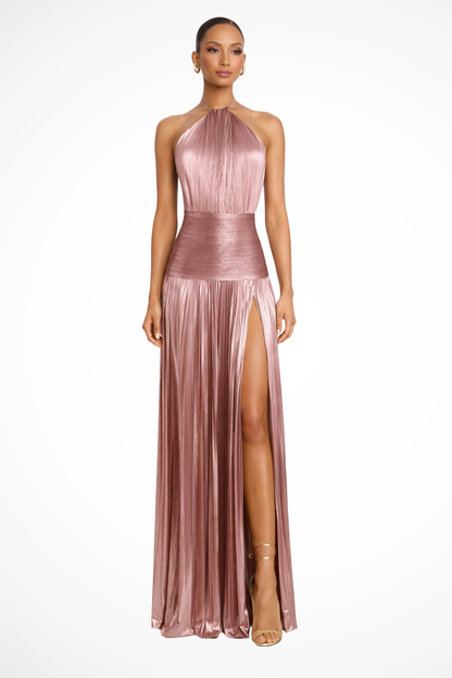 Elegant Halter Neck Satin Wedding Guest Maxi Dress