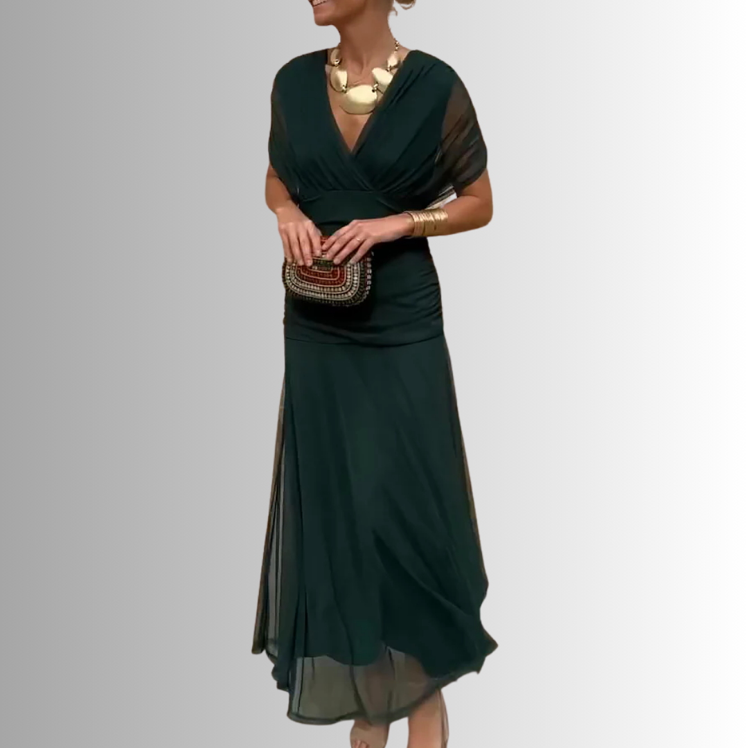 Women's Draped Off-Shoulder V-Neck Ruched Maxi Gown
