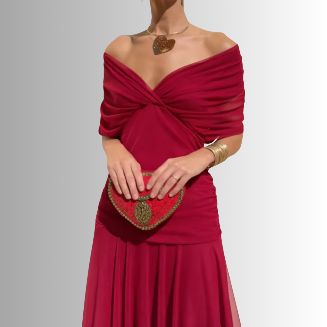Women's Draped Off-Shoulder V-Neck Ruched Maxi Gown
