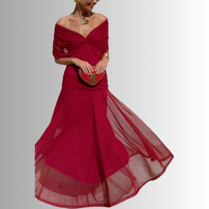 Women's Draped Off-Shoulder V-Neck Ruched Maxi Gown