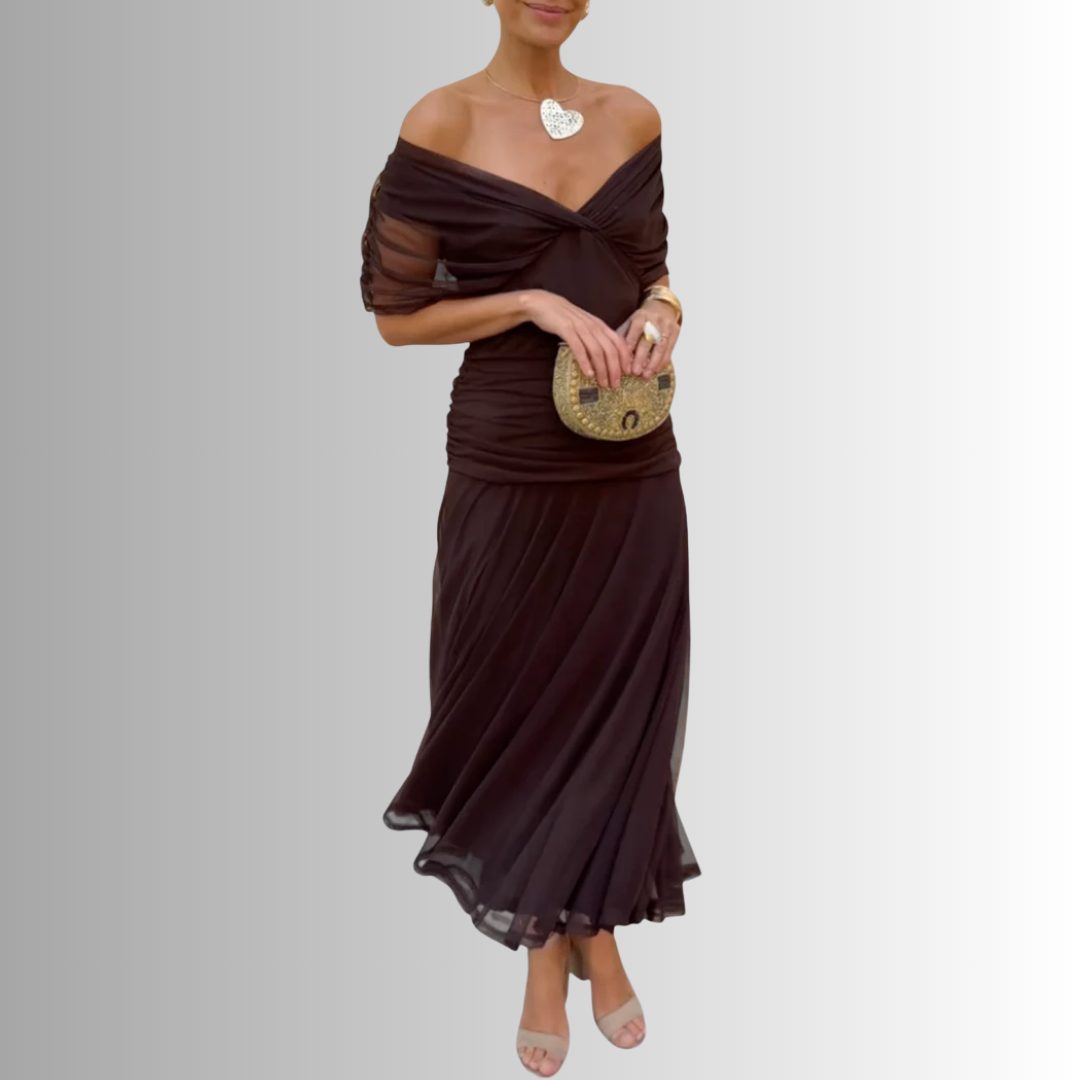 Women's Draped Off-Shoulder V-Neck Ruched Maxi Gown