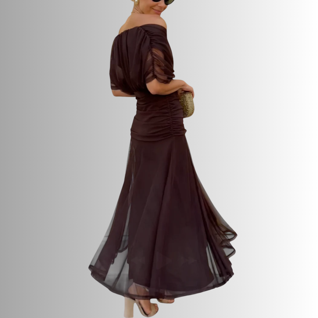 Women's Draped Off-Shoulder V-Neck Ruched Maxi Gown