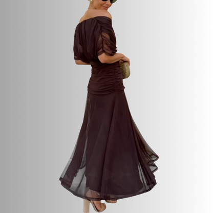 Women's Draped Off-Shoulder V-Neck Ruched Maxi Gown