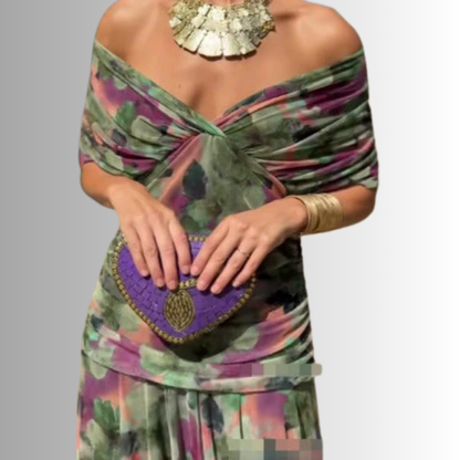 Women's Draped Off-Shoulder V-Neck Ruched Maxi Gown