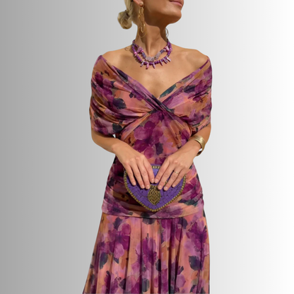 Women's Draped Off-Shoulder V-Neck Ruched Maxi Gown