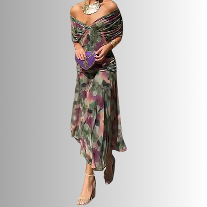Women's Draped Off-Shoulder V-Neck Ruched Maxi Gown
