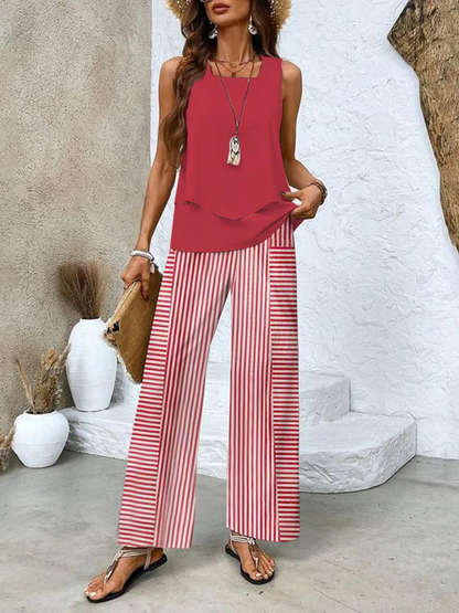Women's Sleeveless Top and Wide-Leg Printed Pants Set