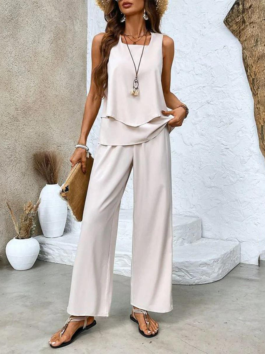 Women's Sleeveless Top and Wide-Leg Printed Pants Set