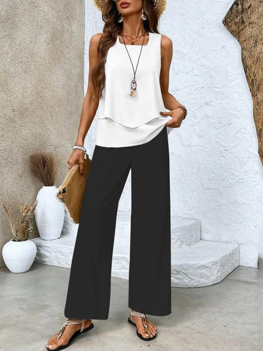 Women's Sleeveless Top and Wide-Leg Printed Pants Set