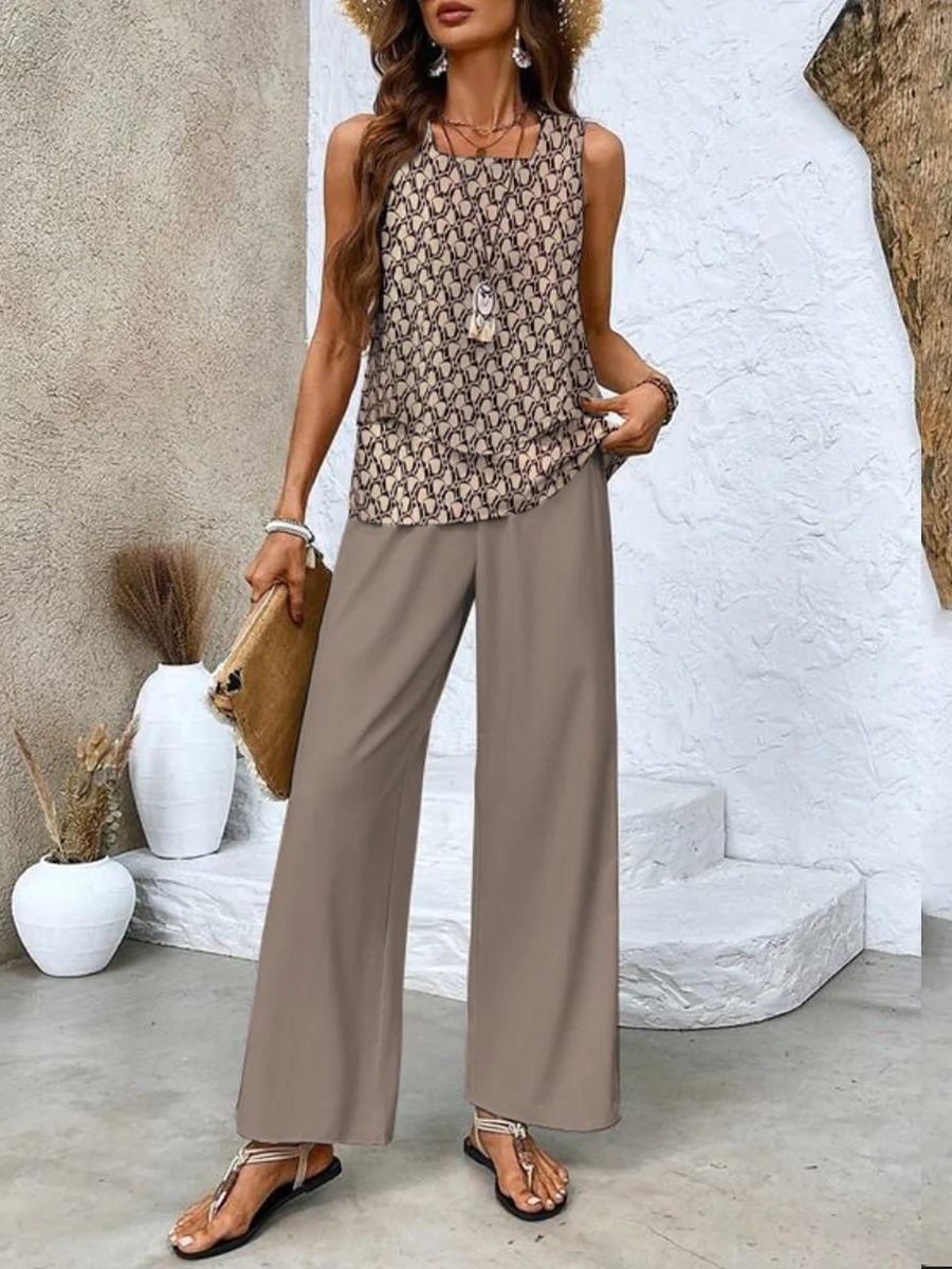 Women's Sleeveless Top and Wide-Leg Printed Pants Set