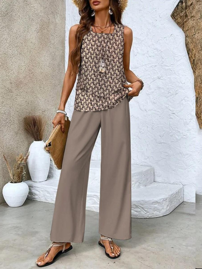 Women's Sleeveless Top and Wide-Leg Printed Pants Set