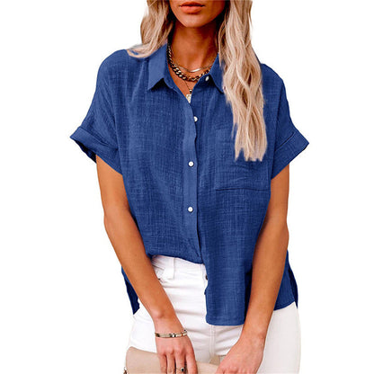 Relaxed Button-Up Short Sleeve Casual Blouse for Women