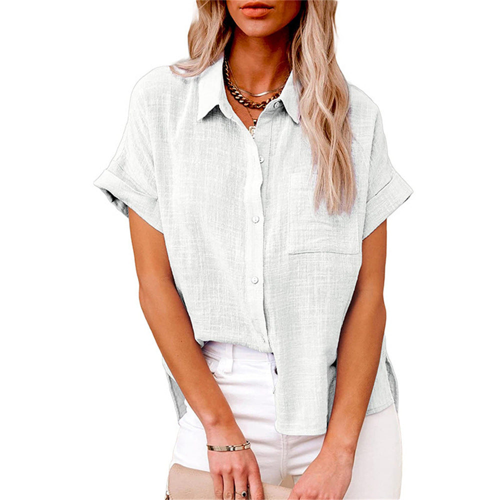 Relaxed Button-Up Short Sleeve Casual Blouse for Women