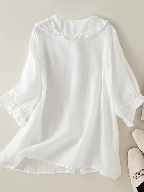 Women's Cotton Linen Peter Pan Ruffle Collar Shirt