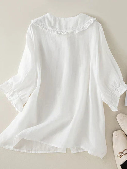 Women's Cotton Linen Peter Pan Ruffle Collar Shirt
