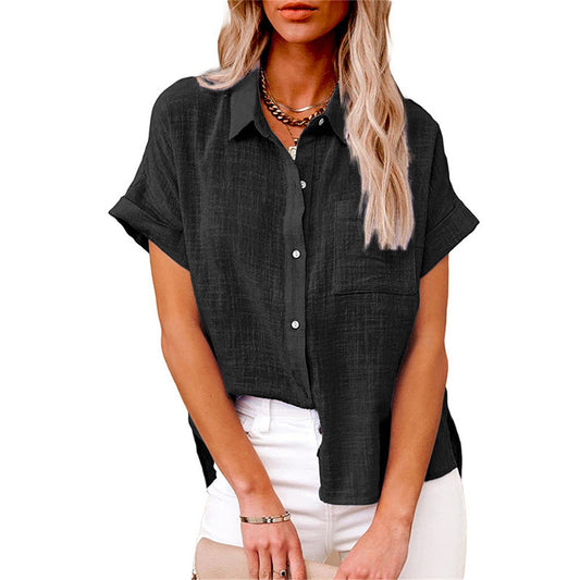 Relaxed Button-Up Short Sleeve Casual Blouse for Women
