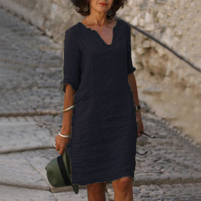 Casual V-Neck Linen-Style Midi Dress for Women