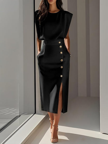 Elegant Sleeveless Midi Dress with Side Slit and Gold Button Detail