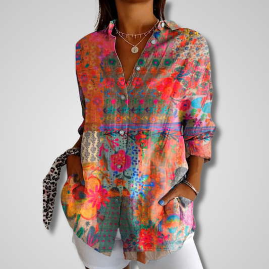 Women’s Artistic Print Button-Up Blouse with Bohemian Style