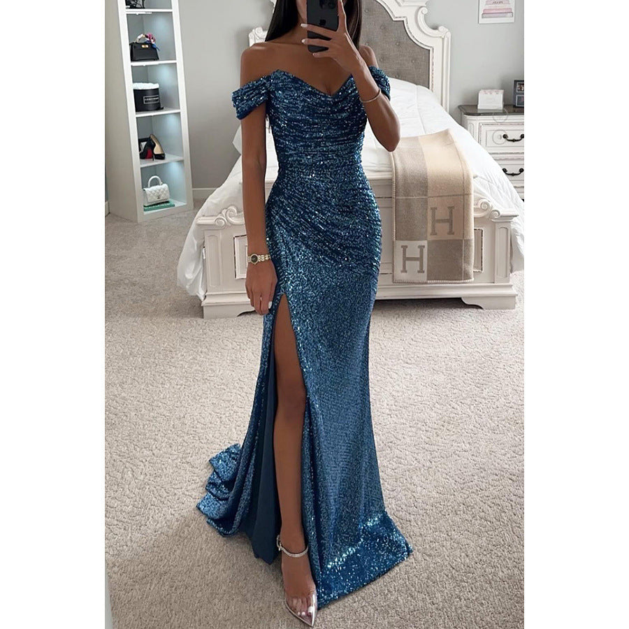 Women’s Off-Shoulder Sequin Evening Gown with High Slit