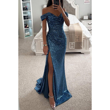 Women’s Off-Shoulder Sequin Evening Gown with High Slit