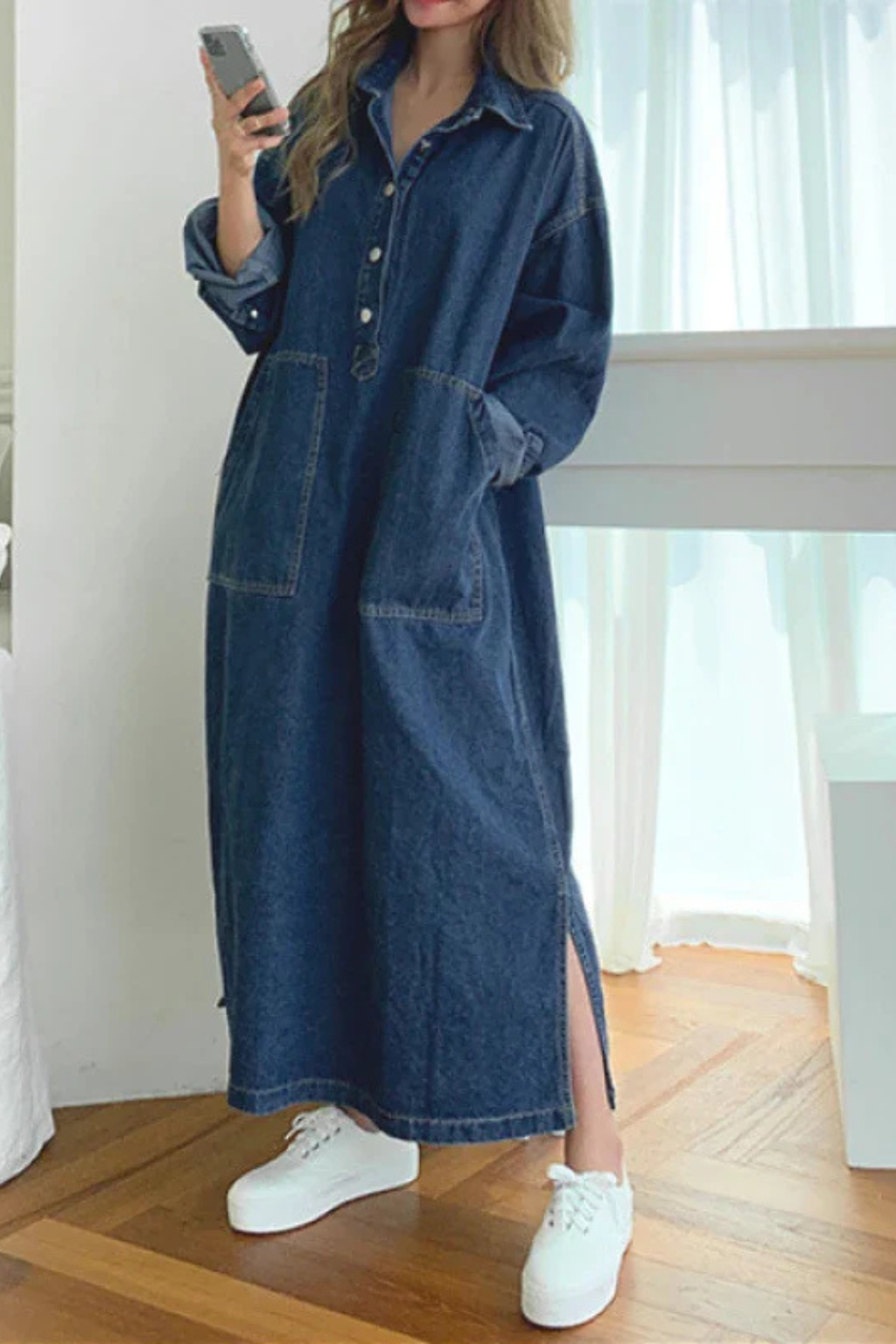 Women’s Oversized Denim Maxi Shirt Dress with Pockets