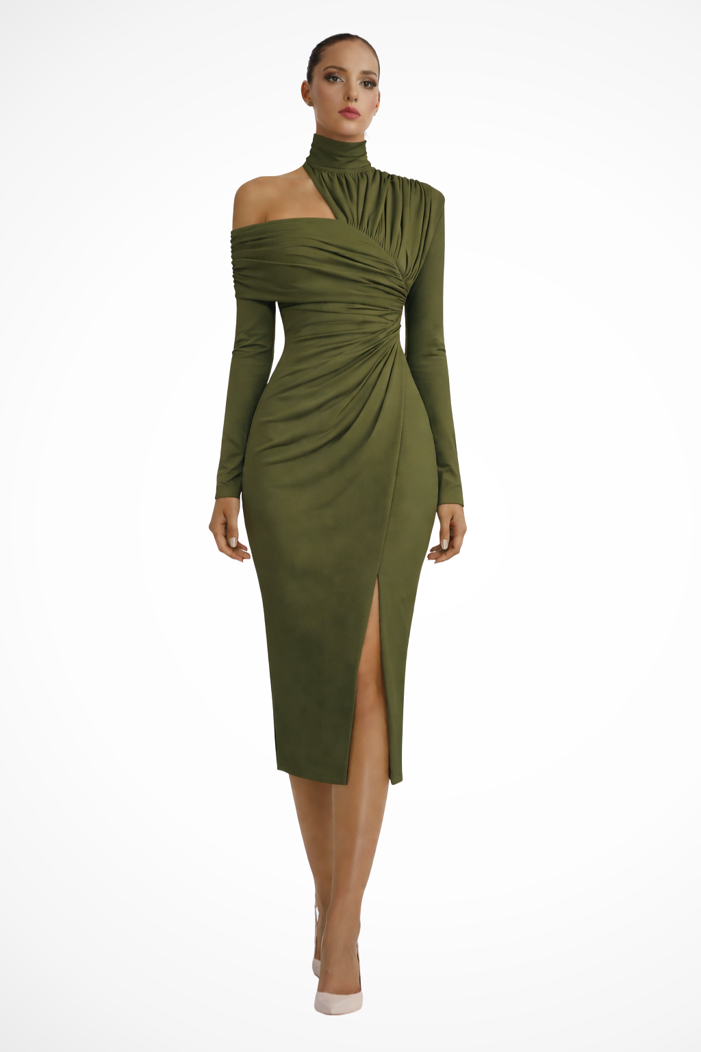 Women’s One-Shoulder Ruched Midi Dress with Side Slit