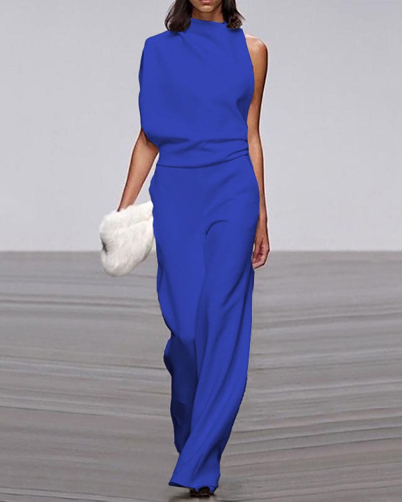 One-Shoulder High Neck Wide-Leg Evening Jumpsuit