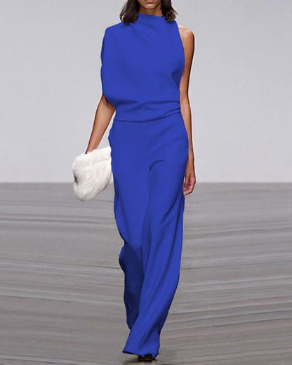 One-Shoulder High Neck Wide-Leg Evening Jumpsuit