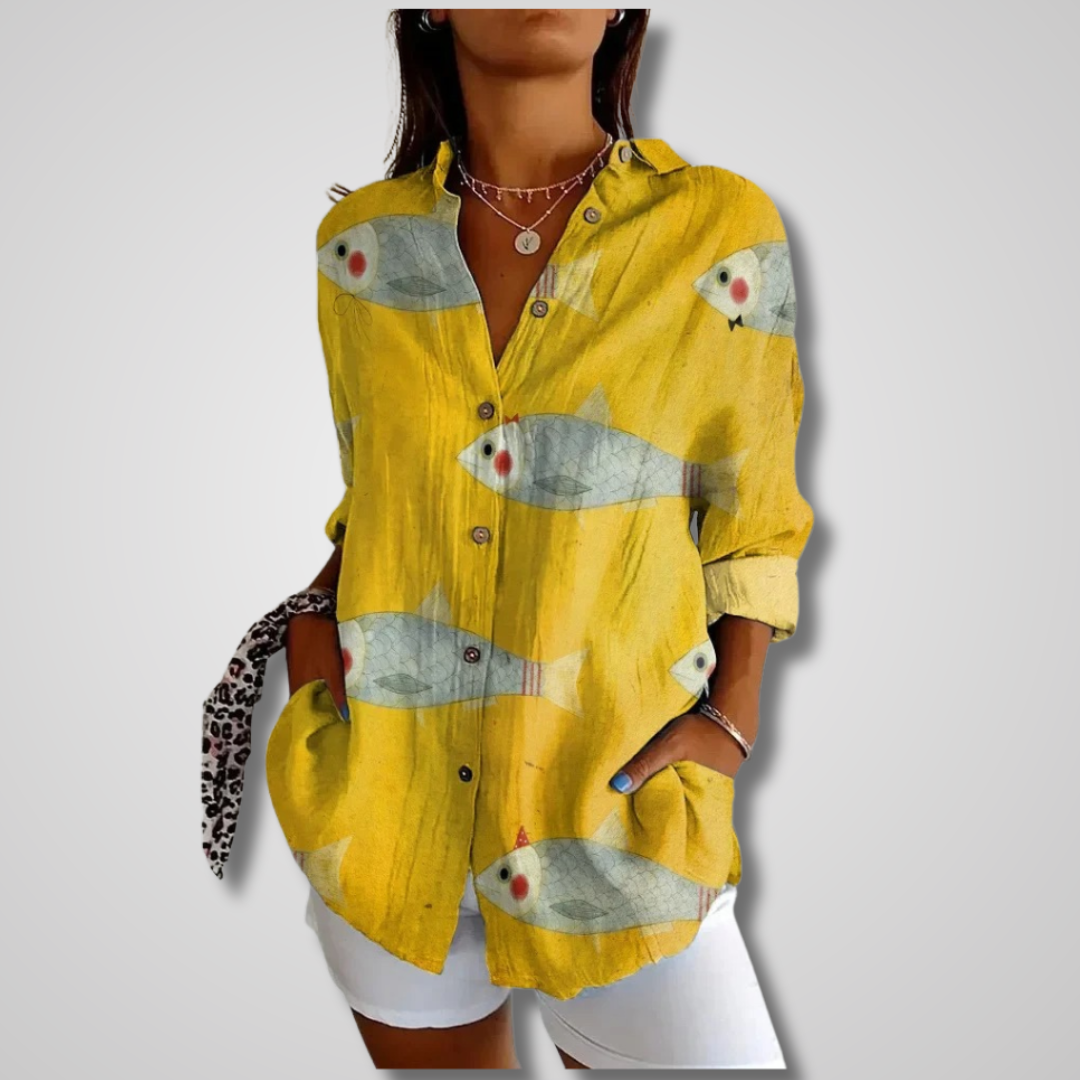 Women’s Artistic Print Button-Up Blouse with Bohemian Style