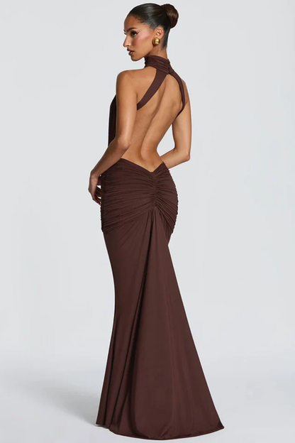 Women’s Backless Halter Mermaid Evening Dress with Ruched Waist Detail